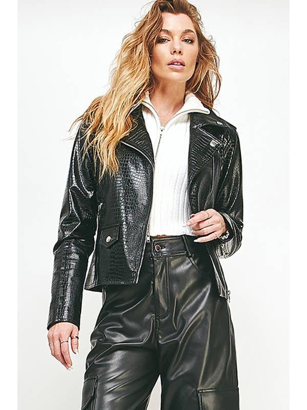 Wendy Faux Leather Crocodile Pattern Biker Jacket