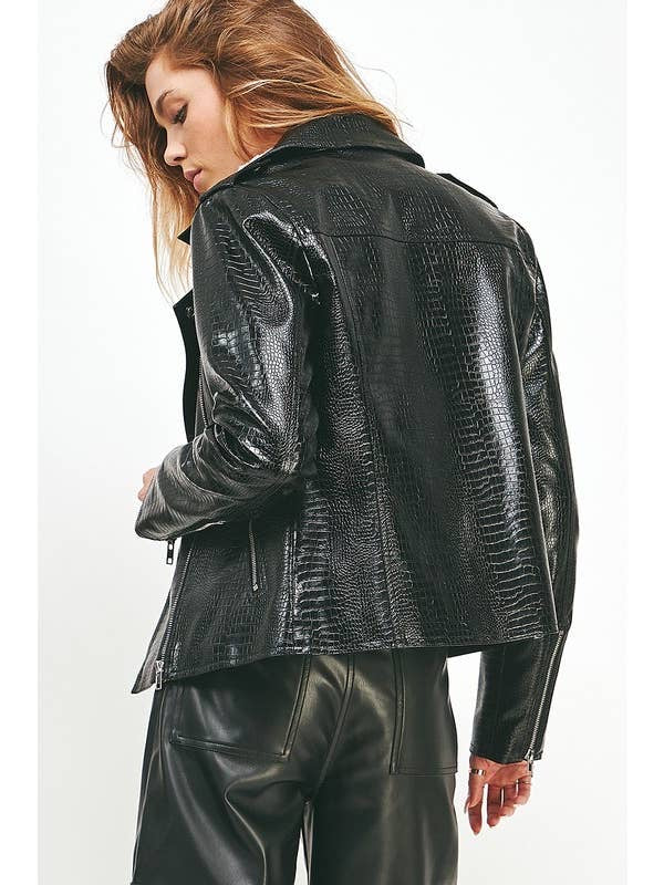 Wendy Faux Leather Crocodile Pattern Biker Jacket