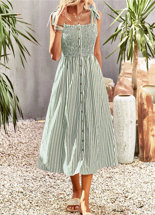 Olive Striped Button Down Tie Strap Midi Dress