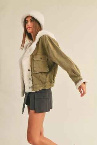 Aelin Sherpa Green Denim Jacket